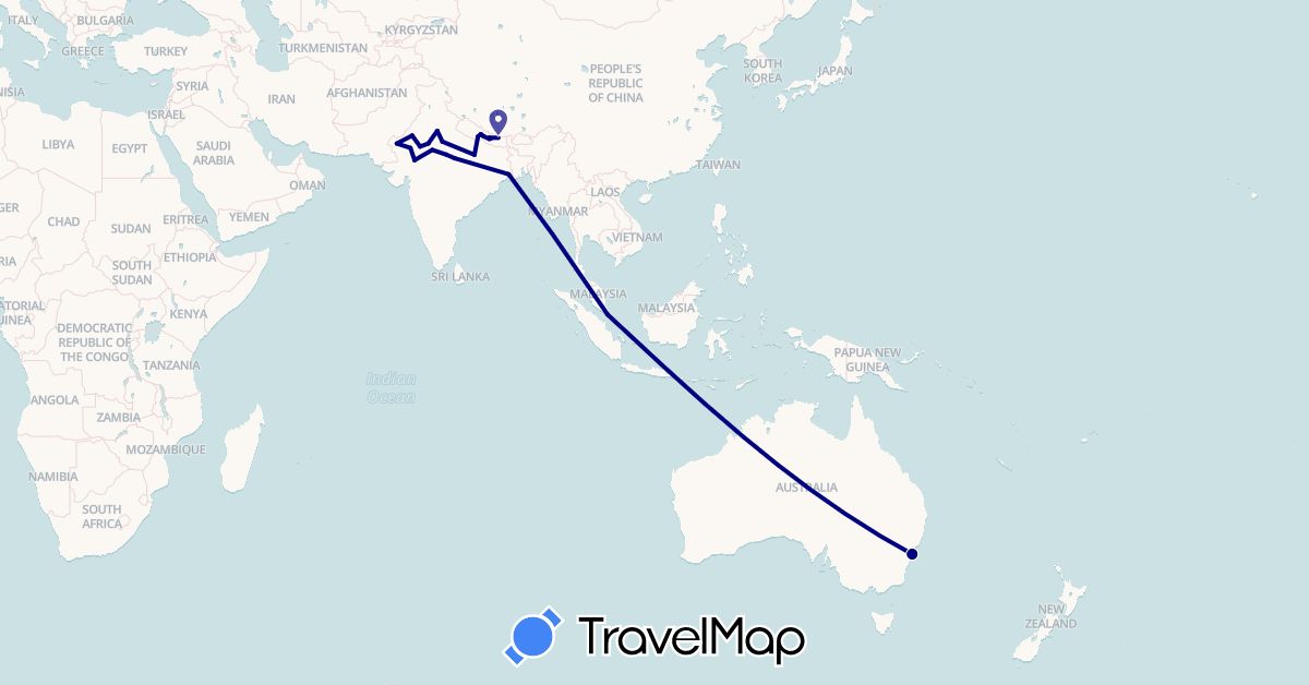 TravelMap itinerary: driving in Australia, India, Nepal, Singapore (Asia, Oceania)